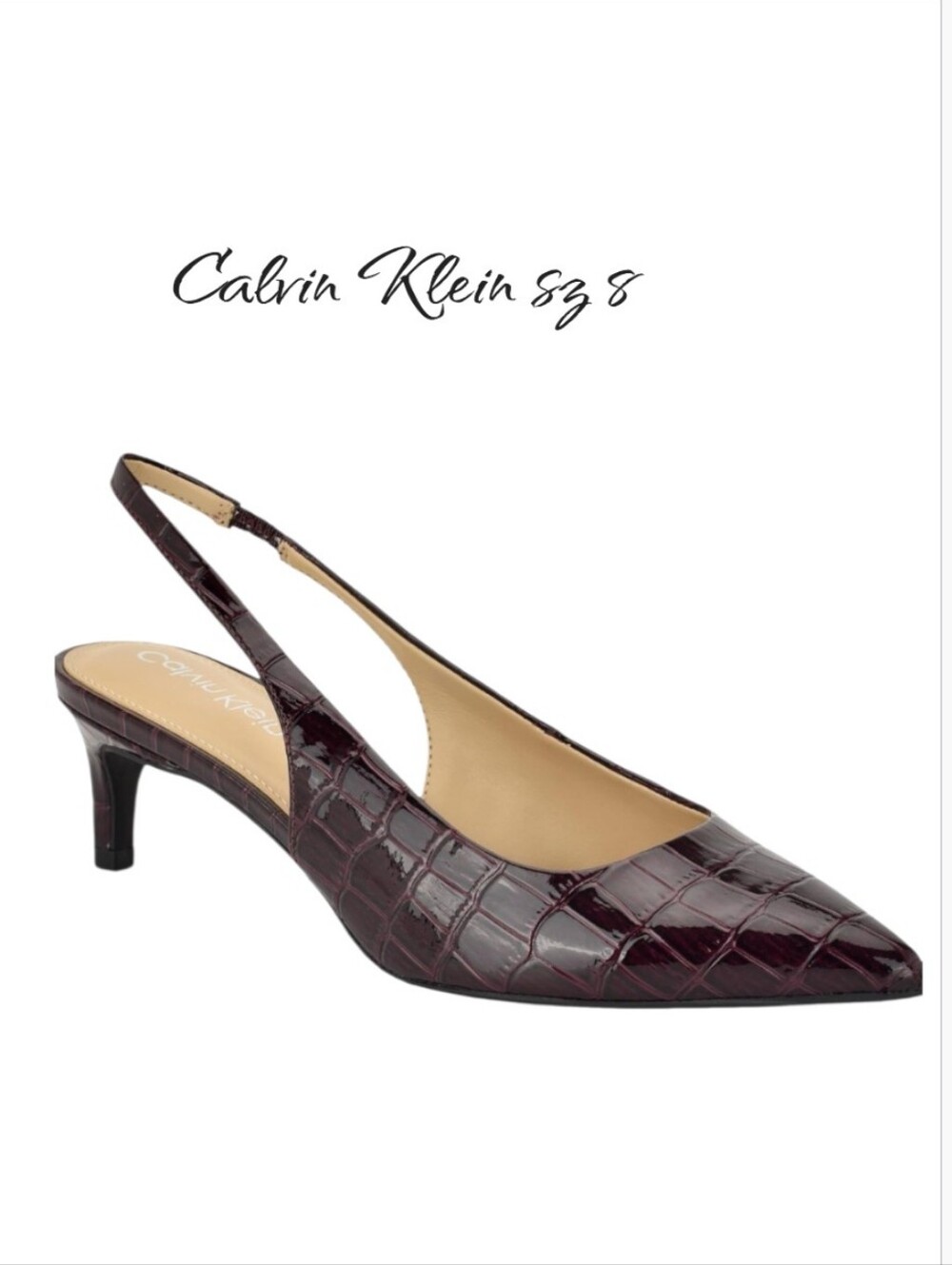 Calvin Klein Dainty Burgundy Croc Patent Slingback Kitten Heels Size 8